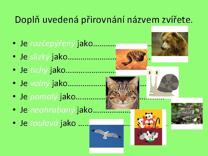 Doplň uvedená přirovnání názvem zvířete. • • Je rozčepýřený jako………………. Je slizký jako……………………. Je