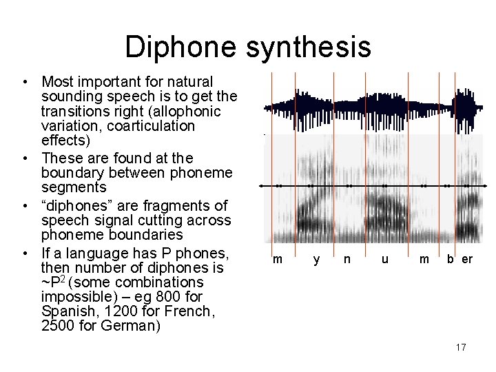 Diphone synthesis • Most important for natural sounding speech is to get the transitions