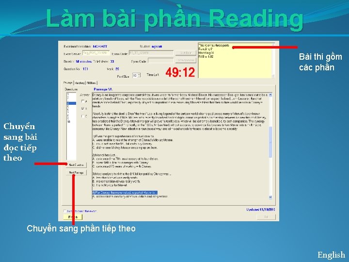 Làm bài phần Reading Bài thi gồm các phần Chuyển sang bài đọc tiếp