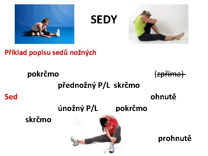 SEDY Příklad popisu sedů nožných pokrčmo přednožný P/L skrčmo Sed (zpříma) ohnutě únožný P/L