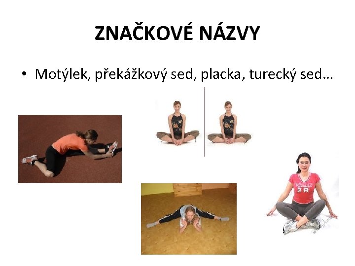 ZNAČKOVÉ NÁZVY • Motýlek, překážkový sed, placka, turecký sed… 