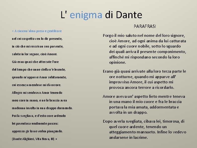 L' enigma di Dante « A ciascun'alma presa e gentilcore nel cui cospetto ven