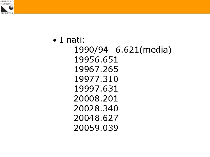 • I nati: 1990/94 6. 621(media) 19956. 651 19967. 265 19977. 310 19997. • I nati: 1990/94 6. 621(media) 19956. 651 19967. 265 19977. 310 19997.