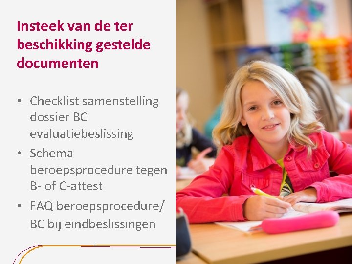 Insteek van de ter beschikking gestelde documenten • Checklist samenstelling dossier BC evaluatiebeslissing •