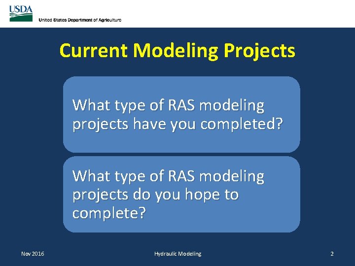 Current Modeling Projects What type of RAS modeling projects have you completed? What type