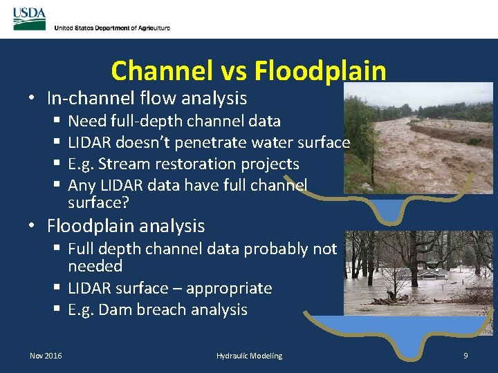 Channel vs Floodplain • In-channel flow analysis § § Need full-depth channel data LIDAR