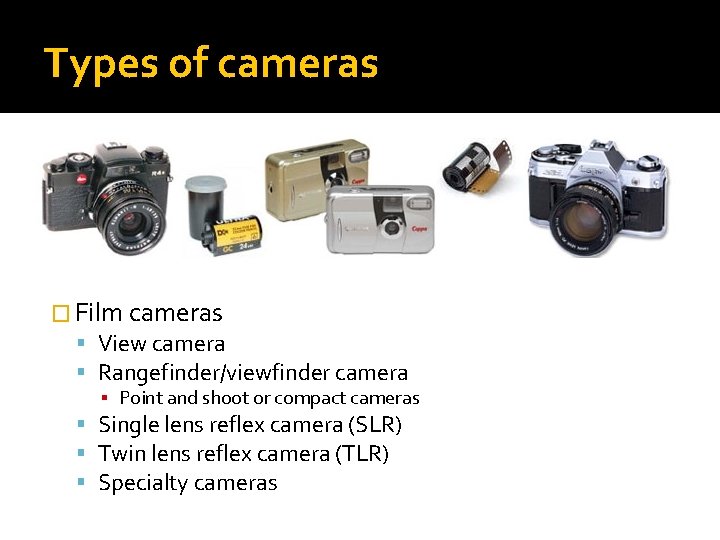 Types of cameras � Film cameras View camera Rangefinder/viewfinder camera ▪ Point and shoot