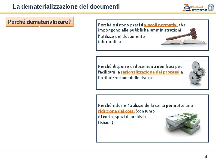 La dematerializzazione dei documenti Perché dematerializzare? Perché esistono precisi vincoli normativi che impongono alle