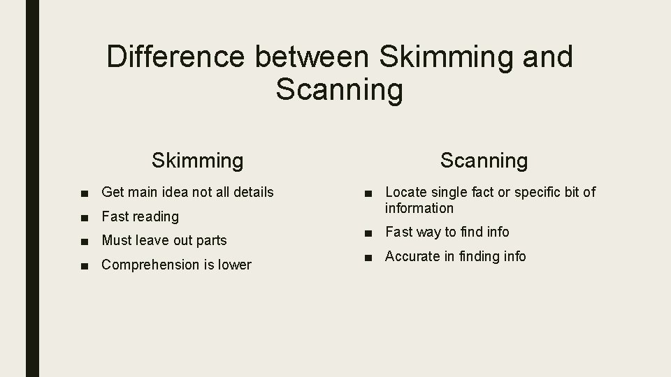 Difference between Skimming and Scanning Skimming ■ Get main idea not all details ■