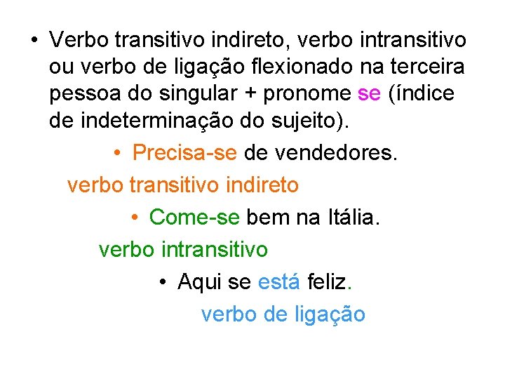  • Verbo transitivo indireto, verbo intransitivo ou verbo de ligação flexionado na terceira