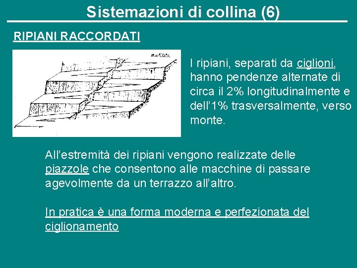 Sistemazioni di collina (6) RIPIANI RACCORDATI I ripiani, separati da ciglioni, hanno pendenze alternate