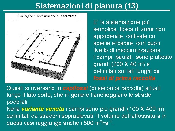 Sistemazioni di pianura (13) E’ la sistemazione più semplice, tipica di zone non appoderate,