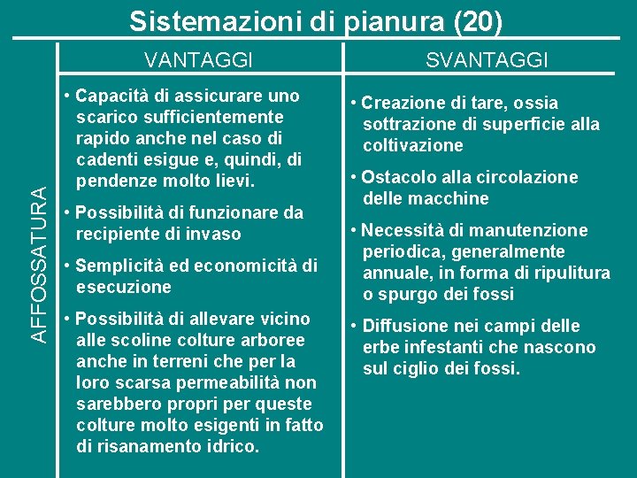 Sistemazioni di pianura (20) AFFOSSATURA VANTAGGI • Capacità di assicurare uno scarico sufficientemente rapido