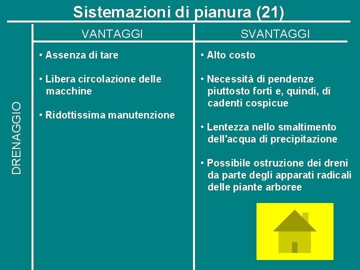 Sistemazioni di pianura (21) DRENAGGIO VANTAGGI SVANTAGGI • Assenza di tare • Alto costo