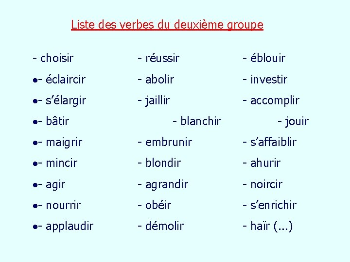 Liste des verbes du deuxième groupe - choisir - réussir - éblouir - éclaircir