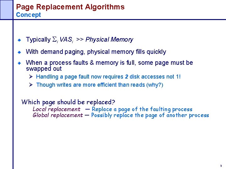 Page Replacement Algorithms Concept Typically i VASi >> Physical Memory With demand paging, physical