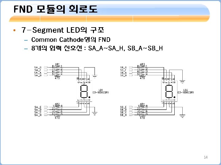 FND 모듈의 회로도 • 7 -Segment LED의 구조 – Common Cathode형의 FND – 8개의 FND 모듈의 회로도 • 7 -Segment LED의 구조 – Common Cathode형의 FND – 8개의