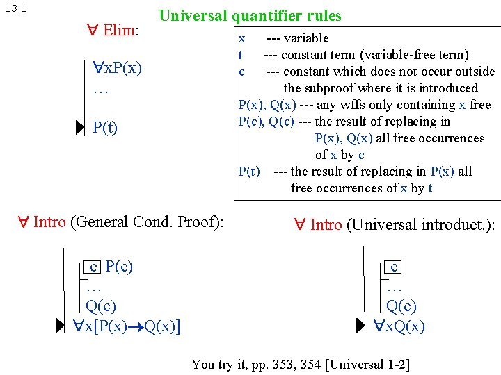 13. 1 Elim: Universal quantifier rules x t c --- variable --- constant term