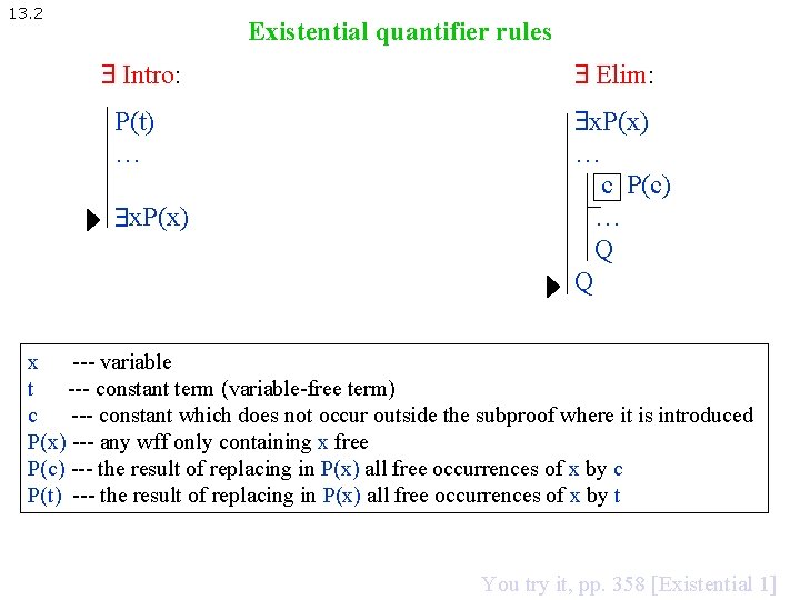 13. 2 Existential quantifier rules Intro: Elim: P(t) … x. P(x) … c P(c)