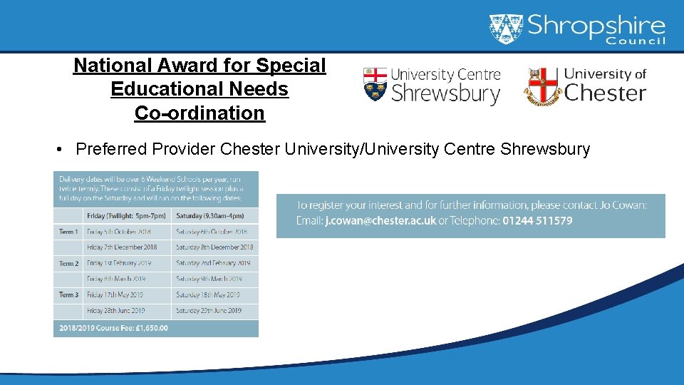 National Award for Special Educational Needs Co-ordination • Preferred Provider Chester University/University Centre Shrewsbury