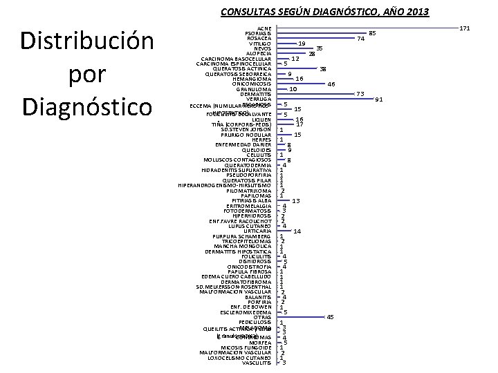 CONSULTAS SEGÚN DIAGNÓSTICO, AÑO 2013 Distribución por Diagnóstico ACNE PSORIASIS ROSACEA VITILIGO NEVOS ALOPECIA