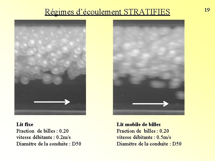 Régimes d’écoulement STRATIFIES Lit fixe Fraction de billes : 0. 20 vitesse débitante : Régimes d’écoulement STRATIFIES Lit fixe Fraction de billes : 0. 20 vitesse débitante :