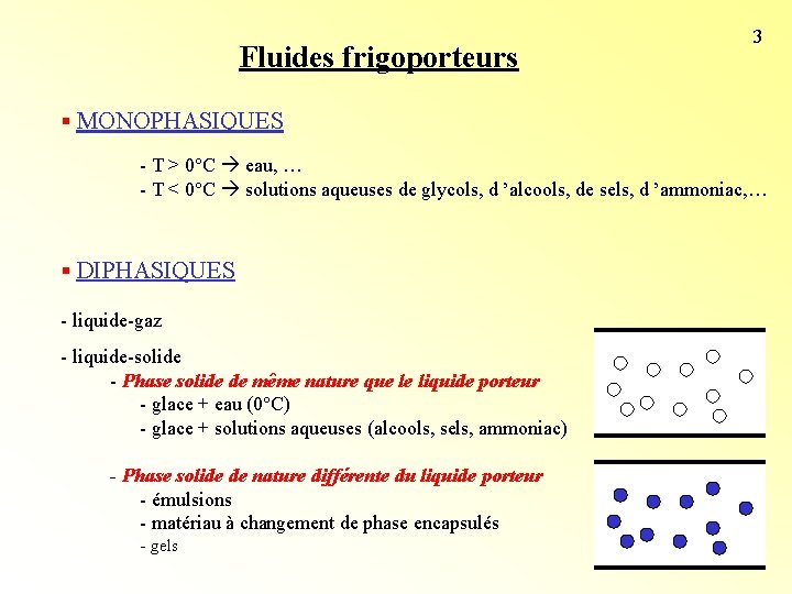 3 Fluides frigoporteurs § MONOPHASIQUES - T > 0°C eau, … - T < 3 Fluides frigoporteurs § MONOPHASIQUES - T > 0°C eau, … - T <