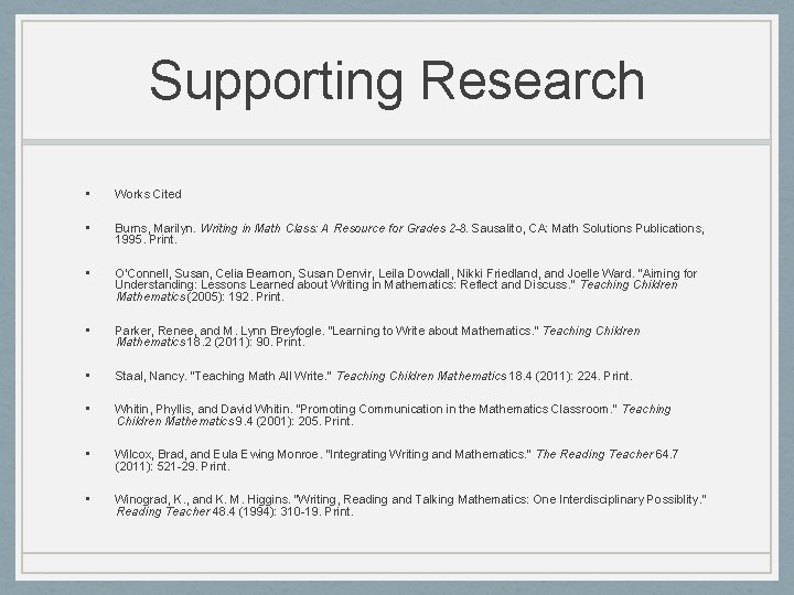 Supporting Research • Works Cited • Burns, Marilyn. Writing in Math Class: A Resource