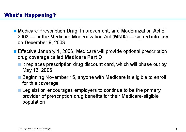 What’s Happening? n Medicare Prescription Drug, Improvement, and Modernization Act of 2003 — or