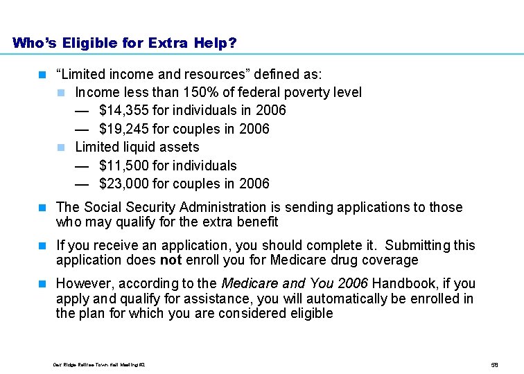 Who’s Eligible for Extra Help? n “Limited income and resources” defined as: n Income