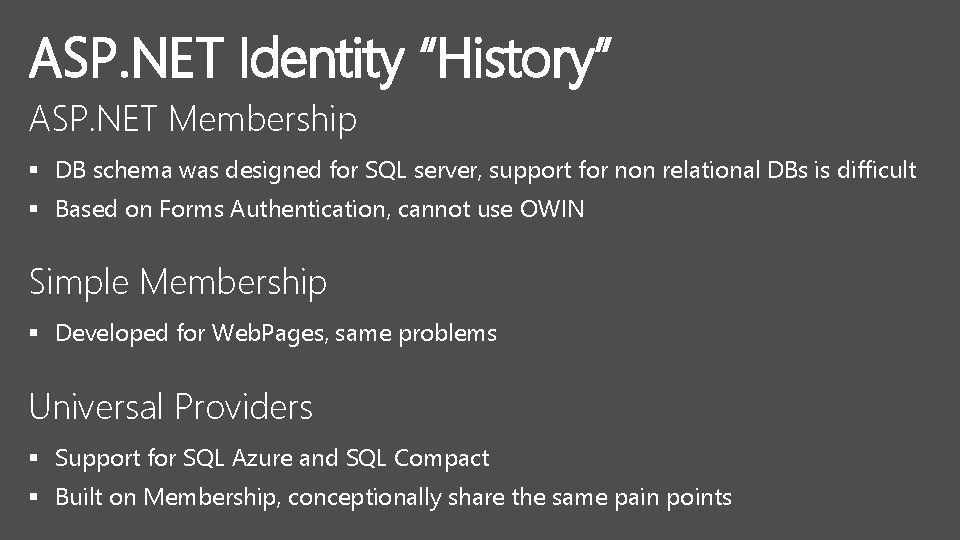 ASP. NET Identity “History” ASP. NET Membership § DB schema was designed for SQL