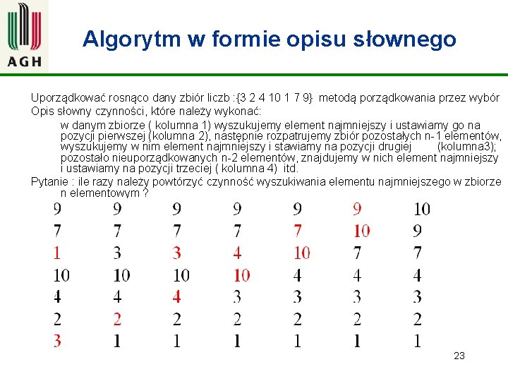 Algorytm w formie opisu słownego Uporządkować rosnąco dany zbiór liczb : {3 2 4