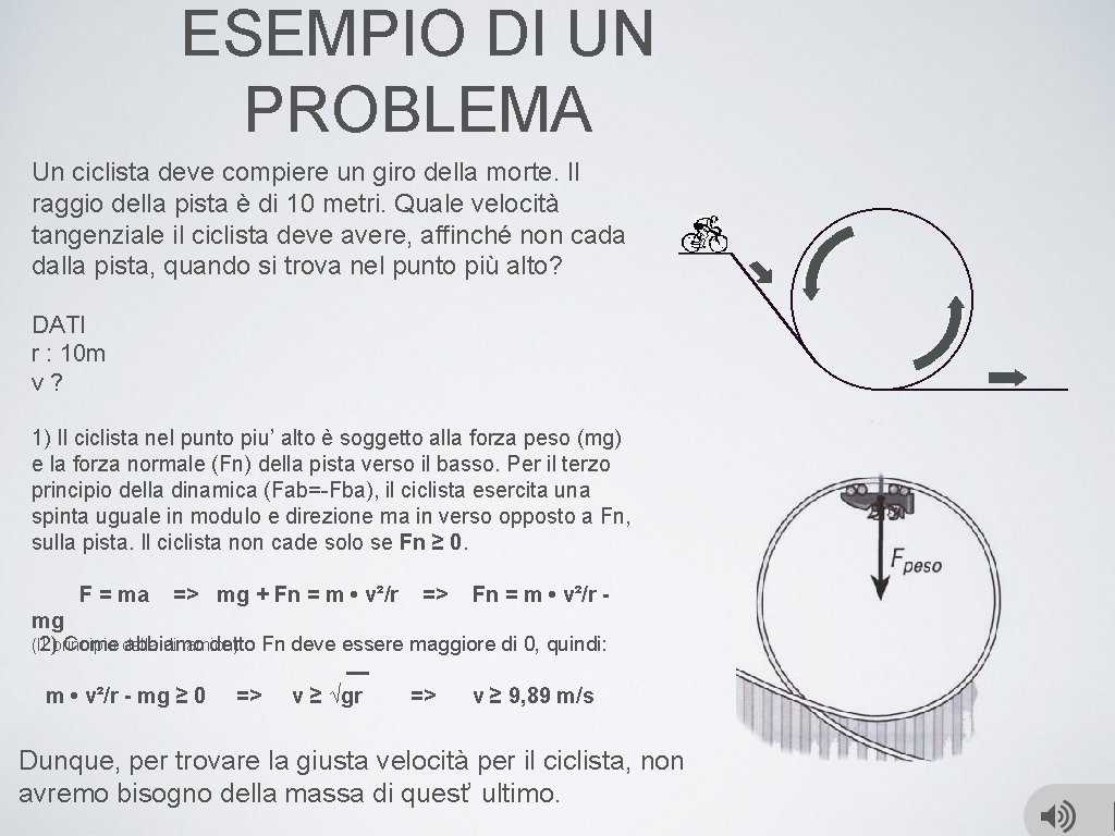 ESEMPIO DI UN PROBLEMA Un ciclista deve compiere un giro della morte. Il raggio