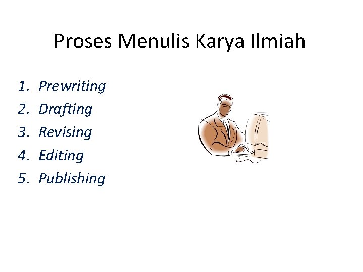 Proses Menulis Karya Ilmiah 1. 2. 3. 4. 5. Prewriting Drafting Revising Editing Publishing