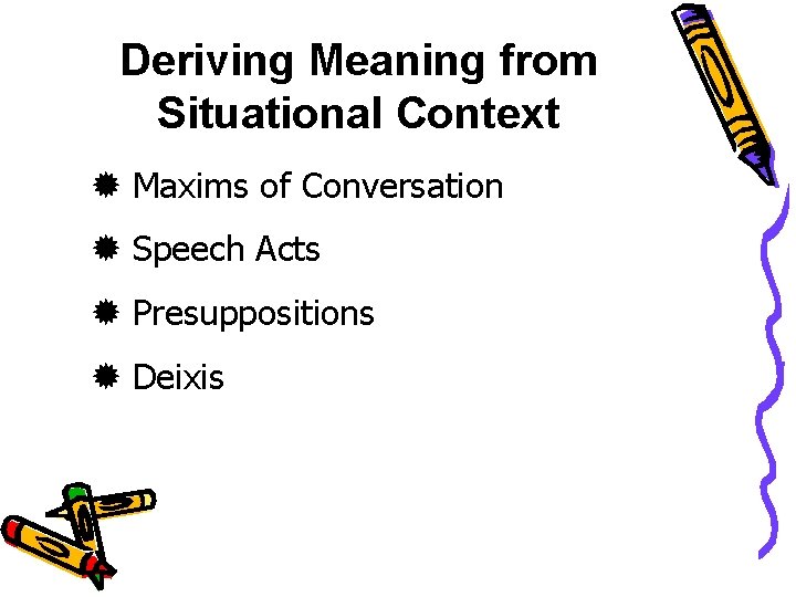 Deriving Meaning from Situational Context Maxims of Conversation Speech Acts Presuppositions Deixis 