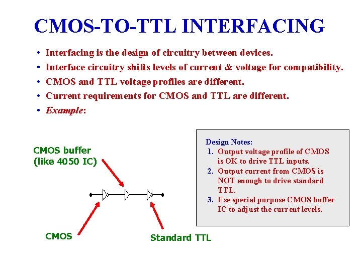 CMOS-TO-TTL INTERFACING • • • Interfacing is the design of circuitry between devices. Interface