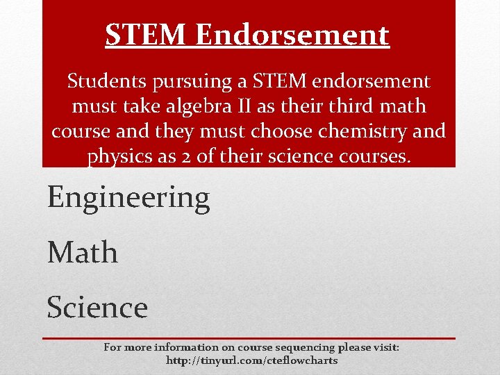 STEM Endorsement Students pursuing a STEM endorsement must take algebra II as their third