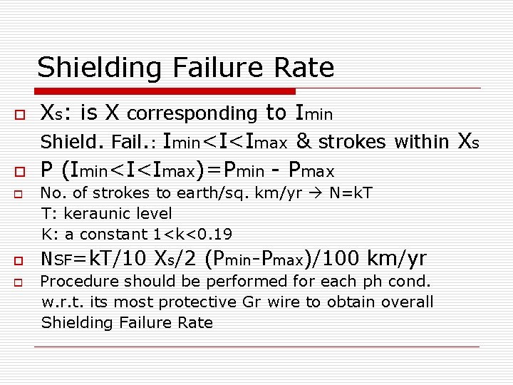 Shielding Failure Rate o o o Xs: is X corresponding to Imin Shield. Fail. Shielding Failure Rate o o o Xs: is X corresponding to Imin Shield. Fail.