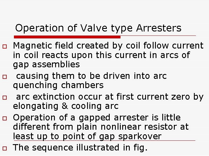 Operation of Valve type Arresters o o o Magnetic field created by coil follow Operation of Valve type Arresters o o o Magnetic field created by coil follow