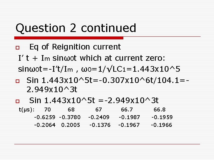 Question 2 continued Eq of Reignition current I’ t + Im sinω0 t which Question 2 continued Eq of Reignition current I’ t + Im sinω0 t which