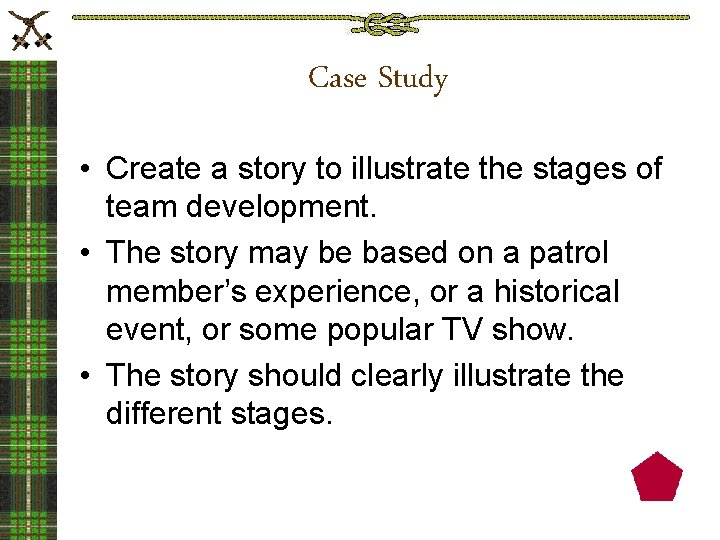 Case Study • Create a story to illustrate the stages of team development. •