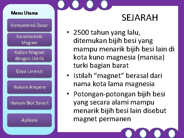 Menu Utama Kompetensi Dasar Karakteristik Magnet Kaitan Magnet dengan Listrik Gaya Lorenzt Hukum Ampere