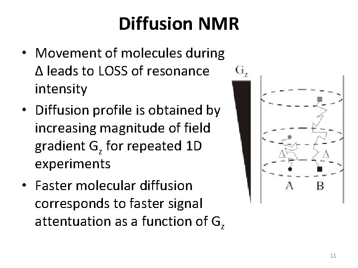 Diffusion NMR • Movement of molecules during Δ leads to LOSS of resonance intensity