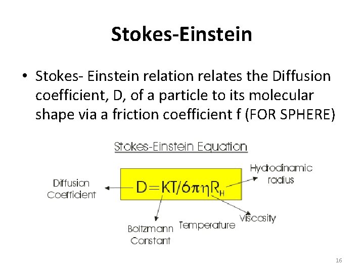Stokes-Einstein • Stokes- Einstein relation relates the Diffusion coefficient, D, of a particle to