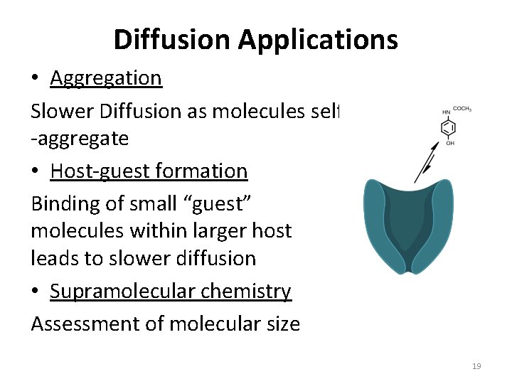 Diffusion Applications • Aggregation Slower Diffusion as molecules self -aggregate • Host-guest formation Binding