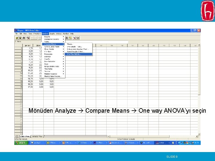 Mönüden Analyze Compare Means One way ANOVA’yı seçin SLIDE 8 Mönüden Analyze Compare Means One way ANOVA’yı seçin SLIDE 8