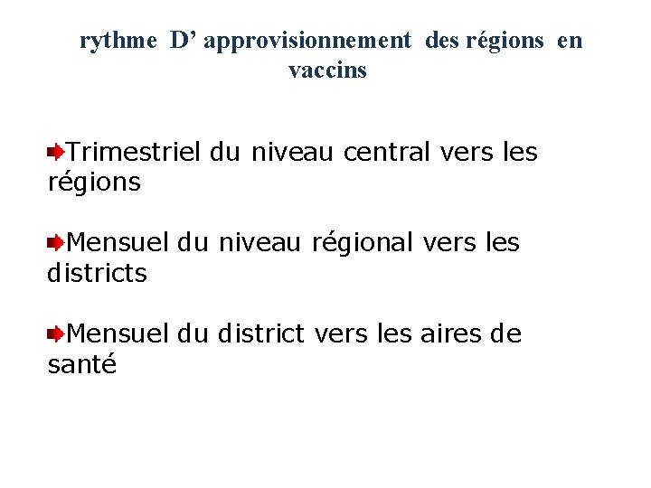 rythme D’ approvisionnement des régions en vaccins Trimestriel du niveau central vers les régions