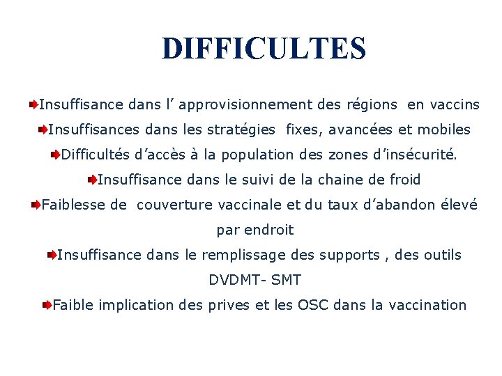 DIFFICULTES Insuffisance dans l’ approvisionnement des régions en vaccins Insuffisances dans les stratégies fixes,