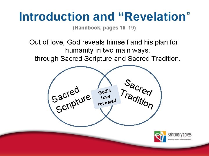 Introduction and “Revelation” (Handbook, pages 16– 19) Out of love, God reveals himself and