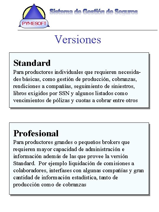 PYMESOFT Versiones Standard Para productores individuales que requieren necesidades básicas, como gestión de producción,